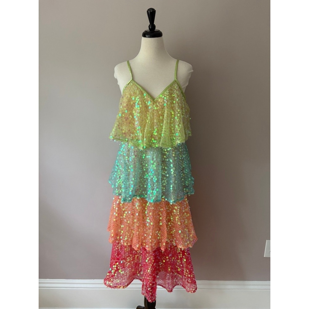 Sundress Arista Dress Revolve Sequin Tiered Midi Dress Size L Rainbow Pastel